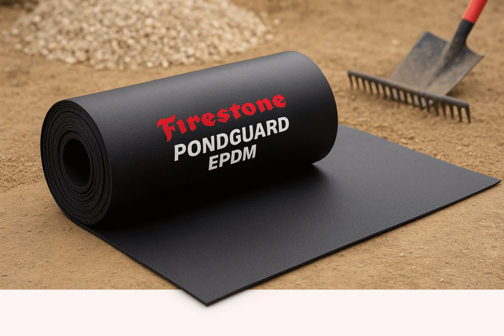 Firestone PondGuard EPDM 45 mil liner roll unrolled showing textured rubber surface