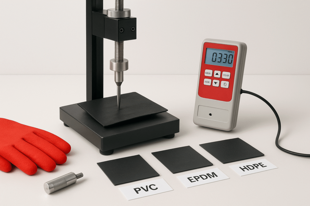 Testing instruments and data collection during AquaScape 45 MIL EPDM pond liner performance tests.