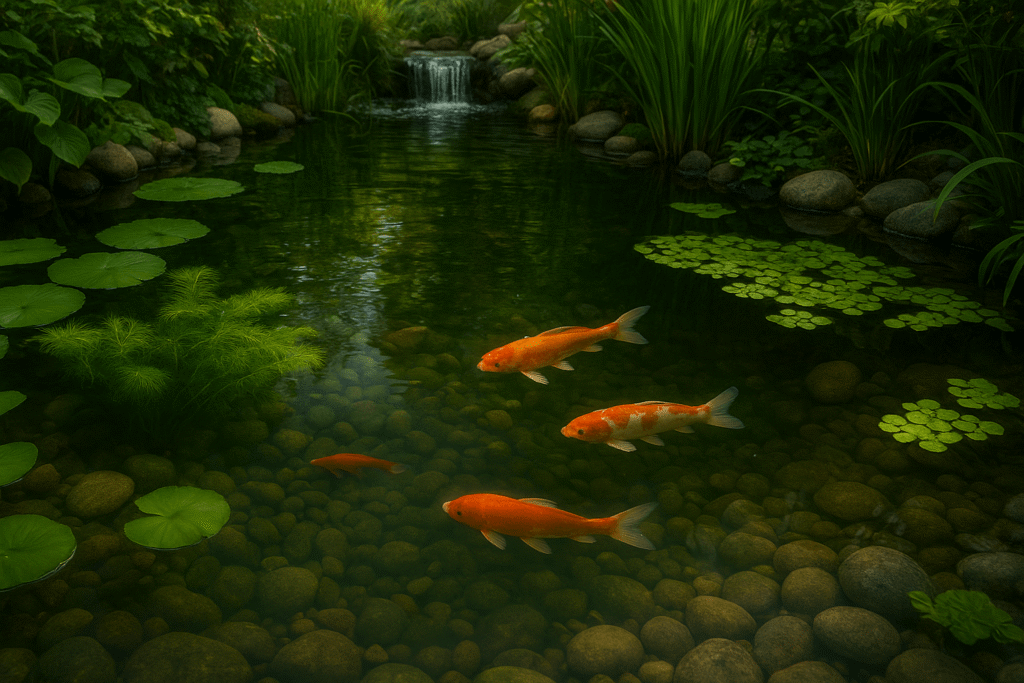 Balanced Pond Ecosystem with Healthy Koi