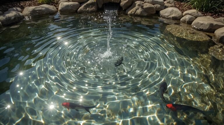Pond pump creating surface ripples that add dissolved oxygen to fishpond water