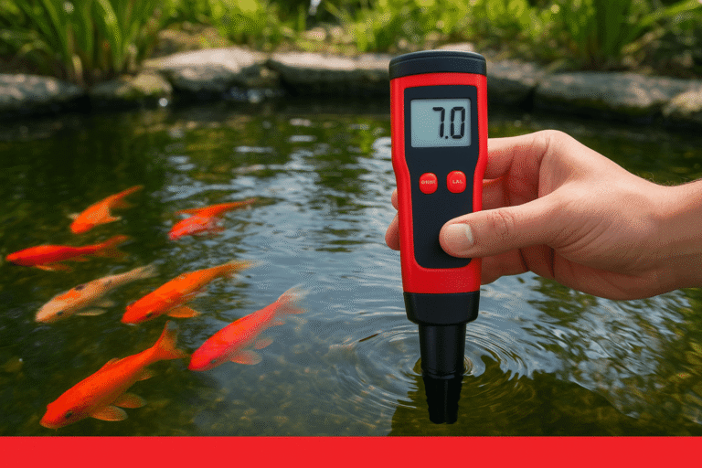 Digital pH meter probe testing water quality in a backyard fishpond