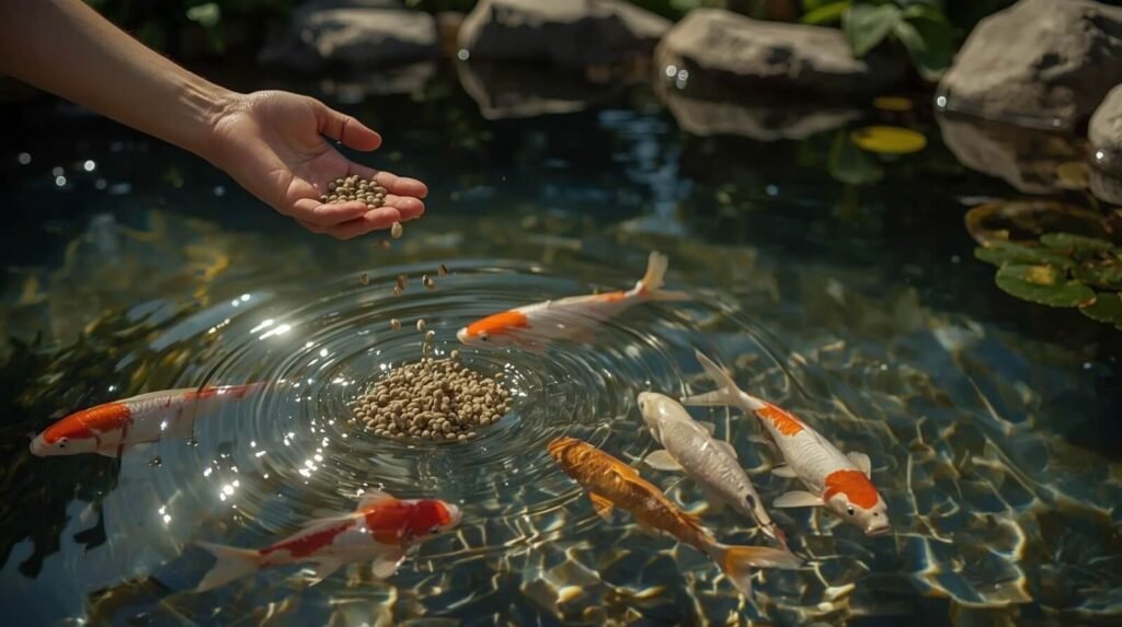 Feeding Koi in a Peaceful Backyard Pond