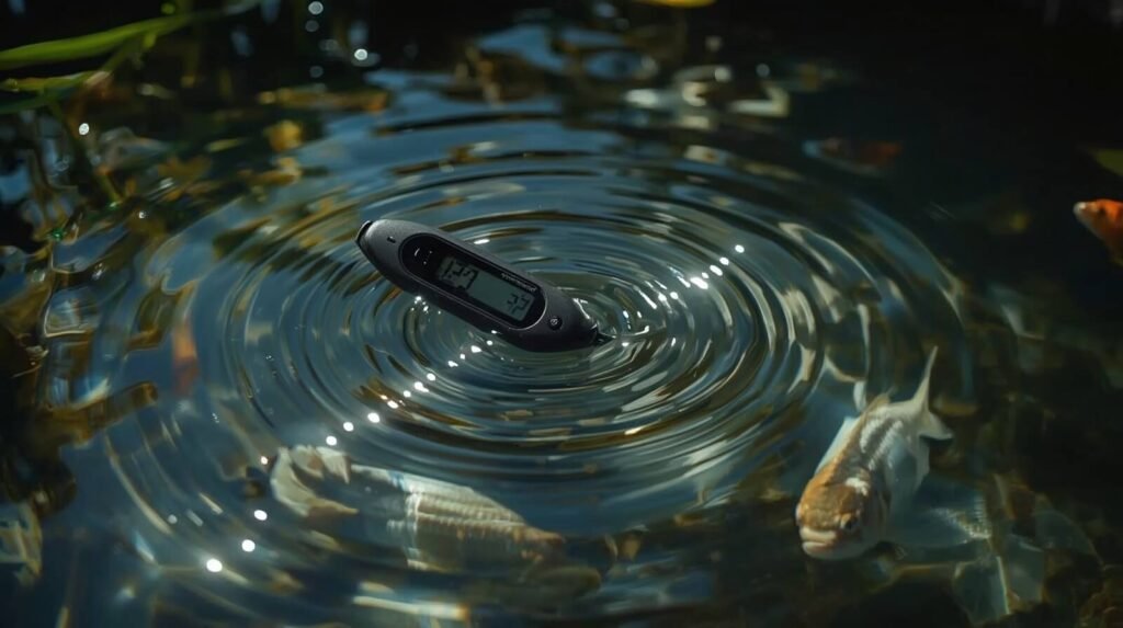 Generic Digital pH Meter Pond water Test Kits dipped halfway into a calm fish pond