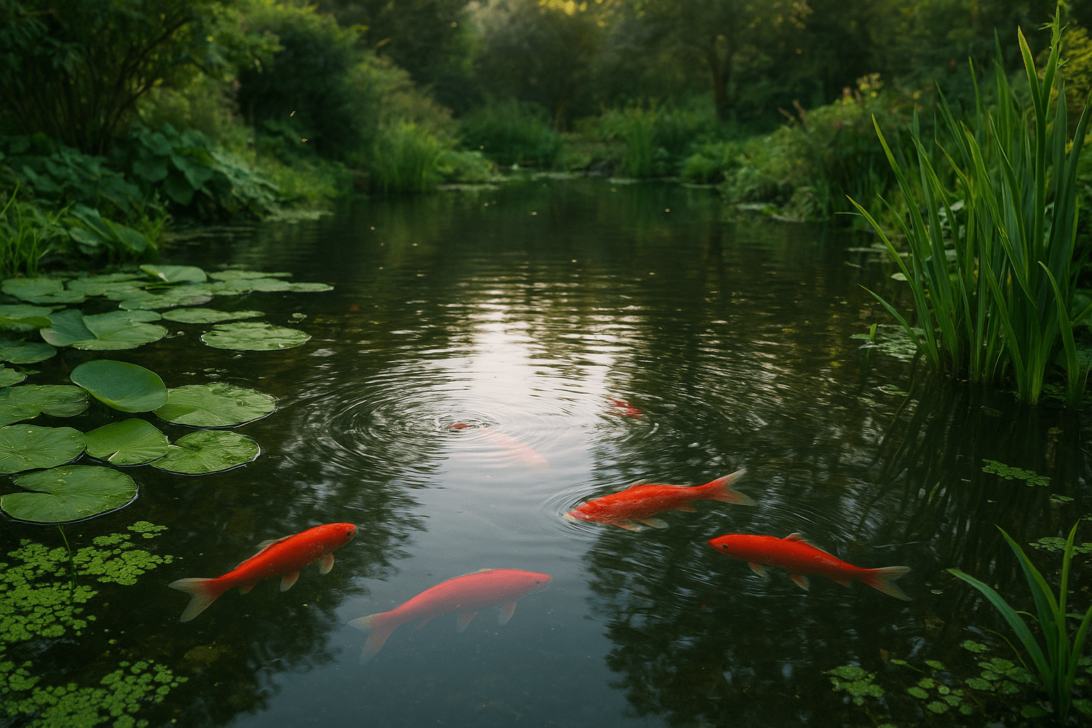 Koi swimming in a well-balanced backyard pond with clear water and natural plants