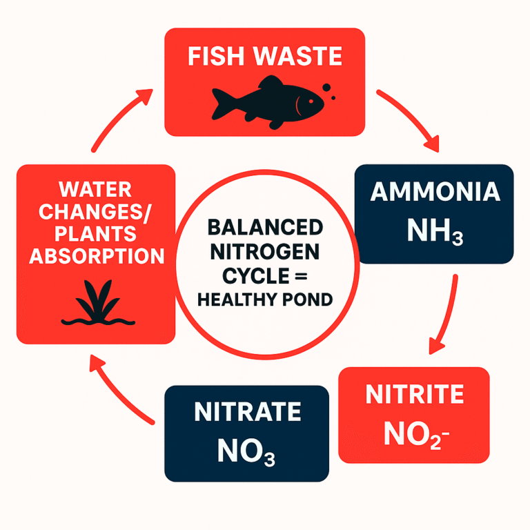 Diagram of the pond nitrogen cycle showing fish waste converting to ammonia, then nitrite, then nitrate