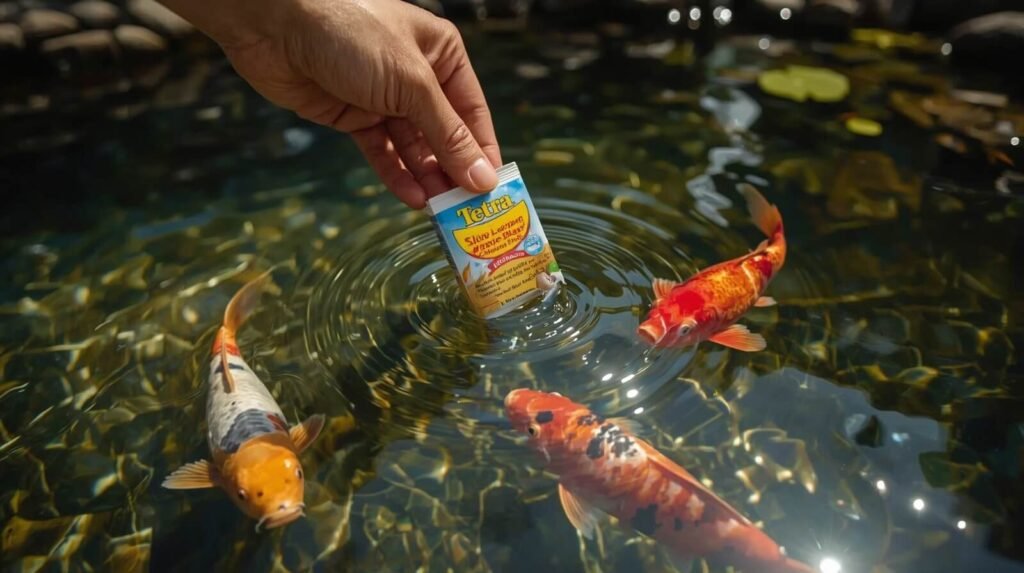 Tetra Slow-Release Fish Feeder in Backyard Koi Pond