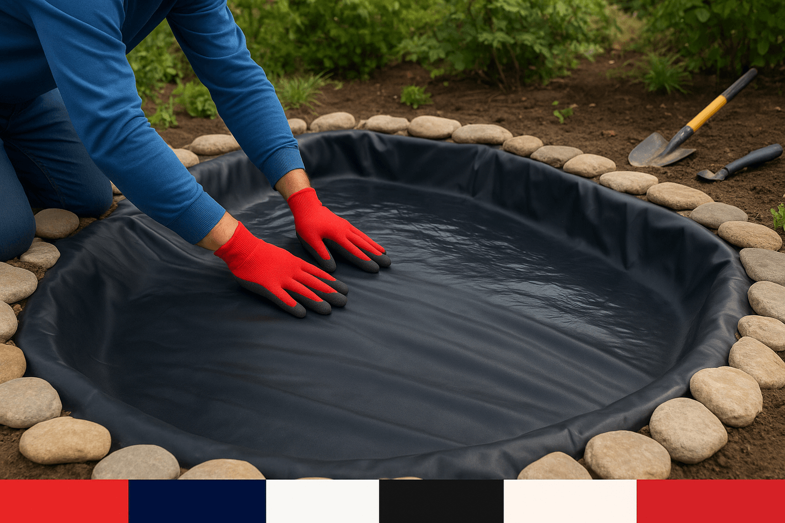 EPDM rubber pond liner being installed in a backyard fishpond excavation