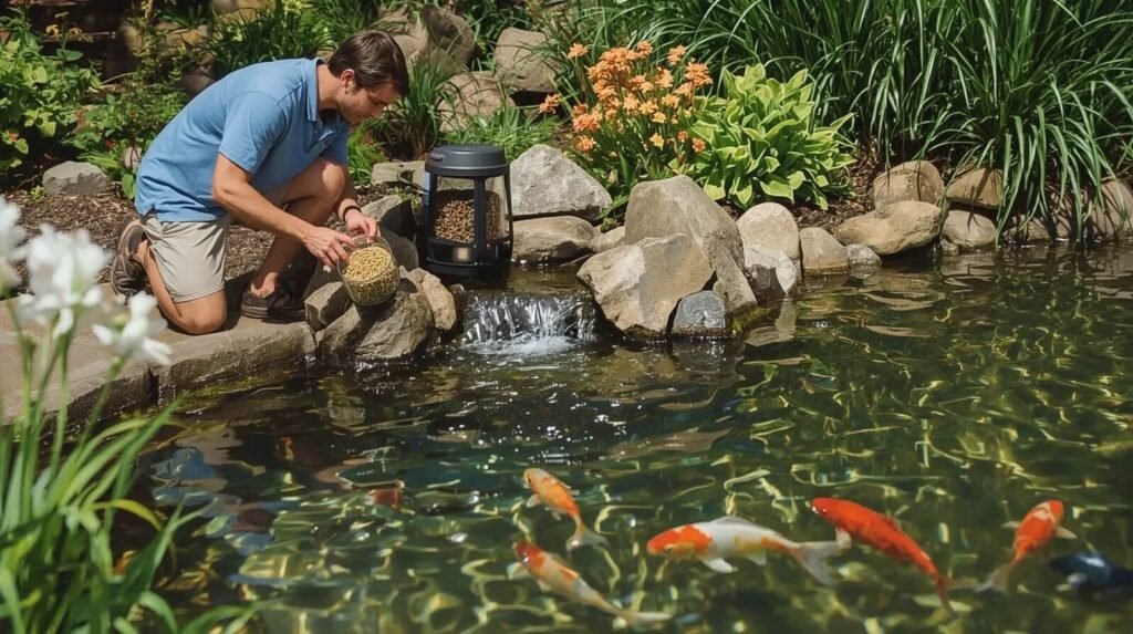 refilling automatic pond feeder bubbling garden pond