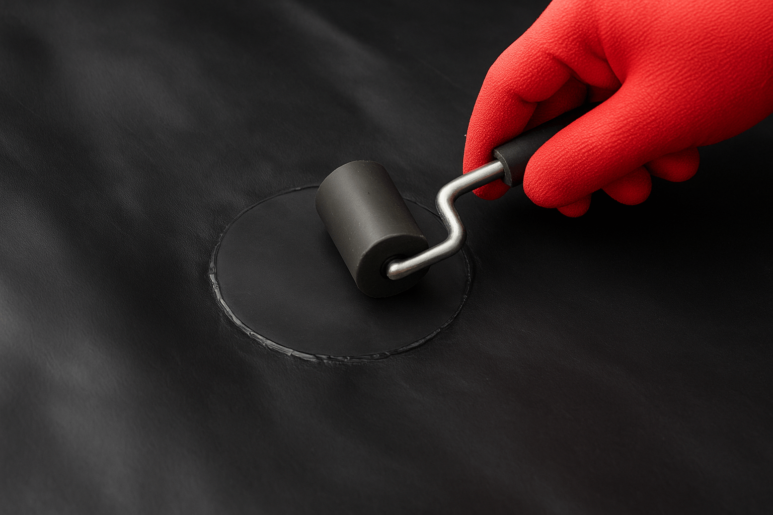 Applying PVC patch and rolling firmly onto liner