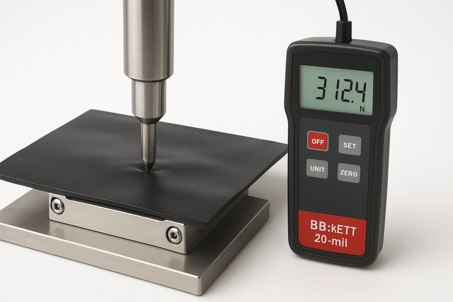 Beckett PVC pond liner puncture test setup showing EPDM probe and pressure gauge