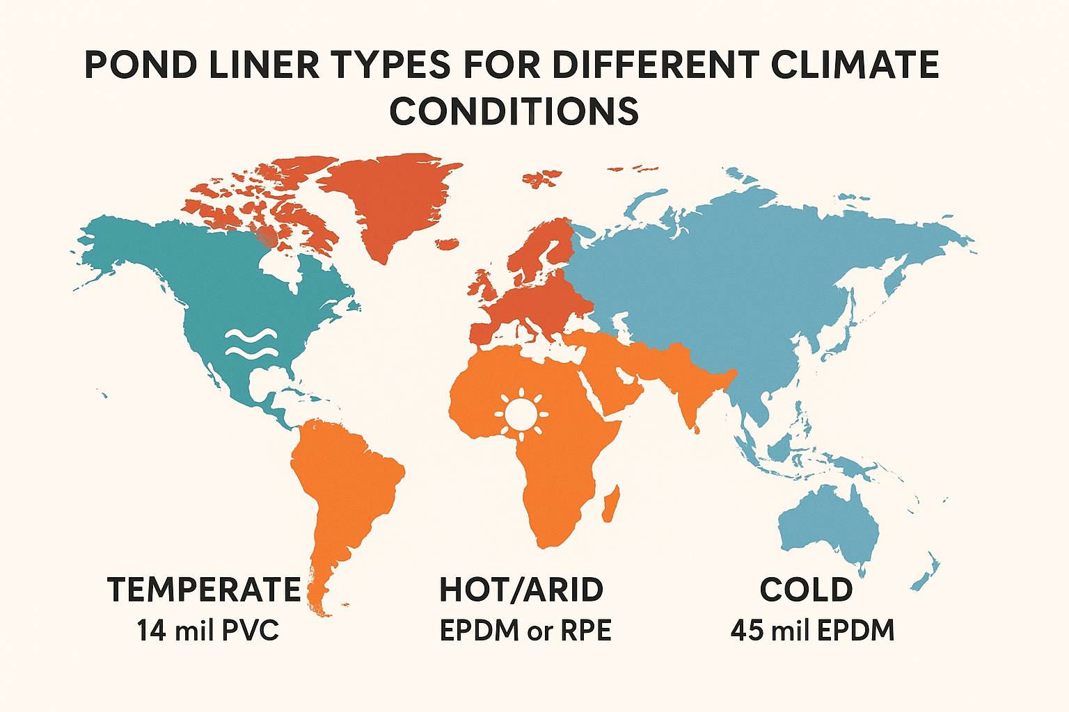 Climate zone guide showing when to use 14 mil PVC pond liner versus 45 mil EPDM or RPE liner based on temperature and UV exposure.