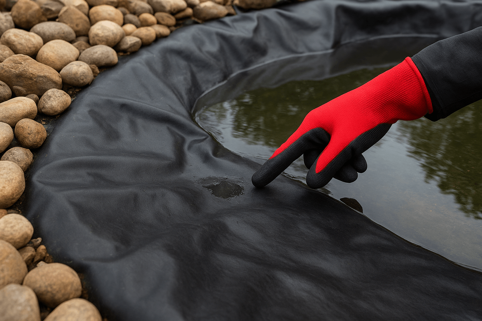 Draining pond area around leak for liner patch repair