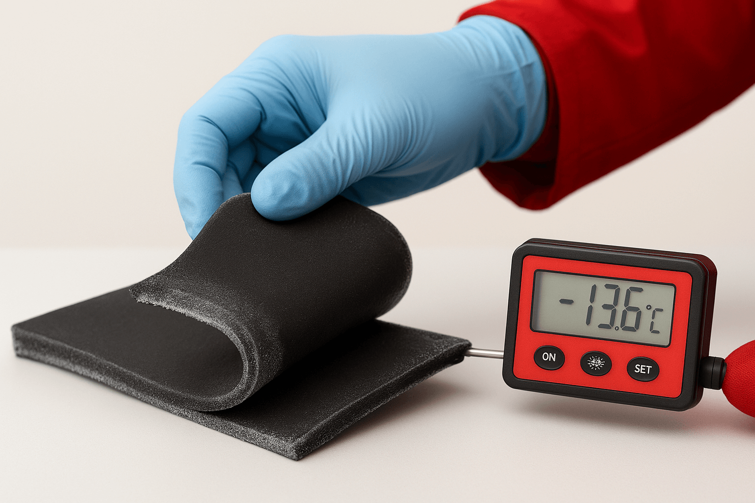 Freeze–thaw test showing pond liner sample flexed after repeated cold exposure cycles to measure brittleness.