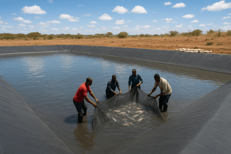 Commercial aquaculture pond during fish harvest showing dense stocking in a lined pond