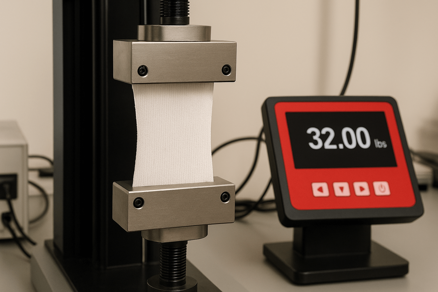 Puncture resistance test setup showing a Hipicute liner sample clamped in a tensile machine under 32 lbs/in tension, displaying visible stress lines on the surface.