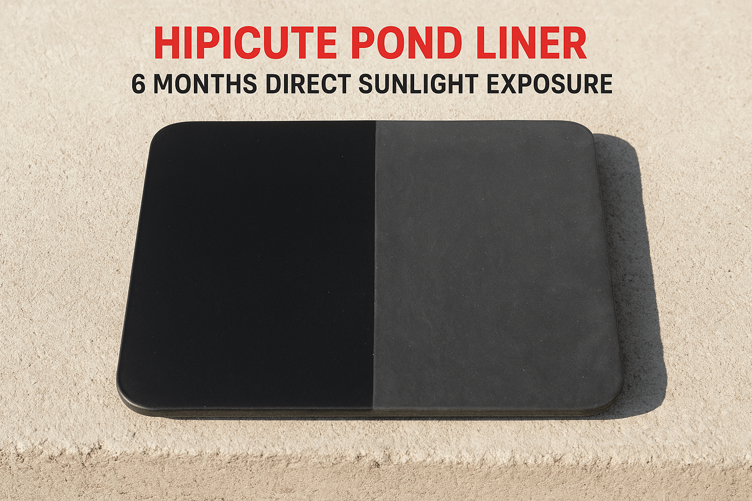 Sample Hipicute pond liner showing mild UV fading after six months of sunlight exposure, less than 5% discoloration on the tested surface.