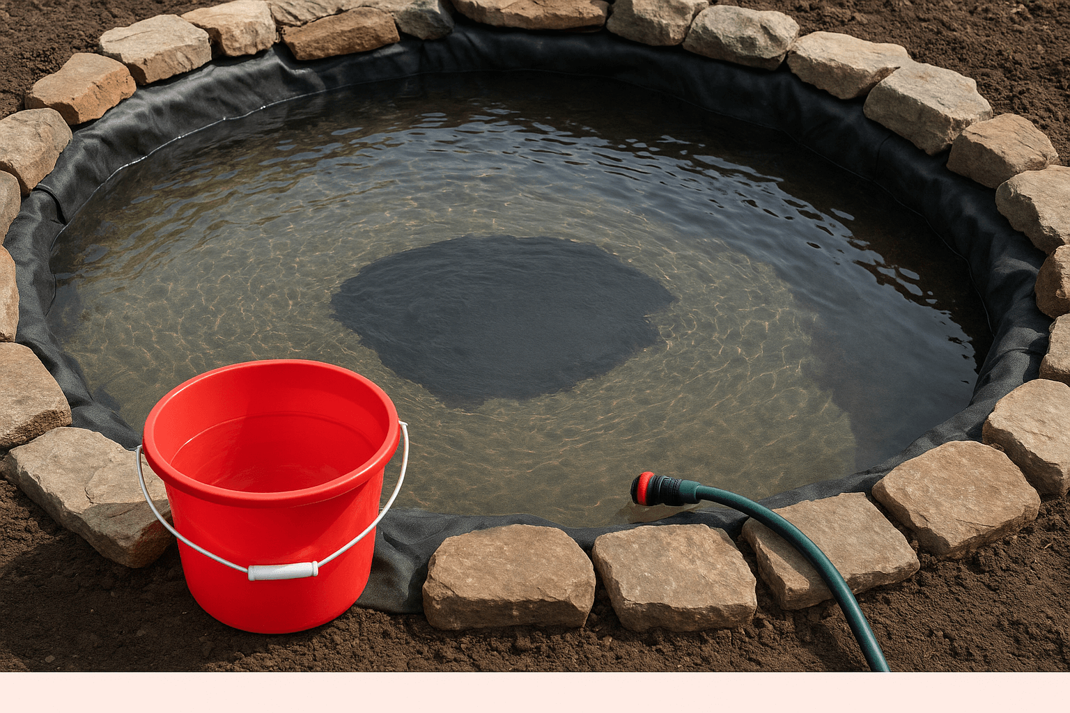 Testing patched pond liner area with shallow refill of water