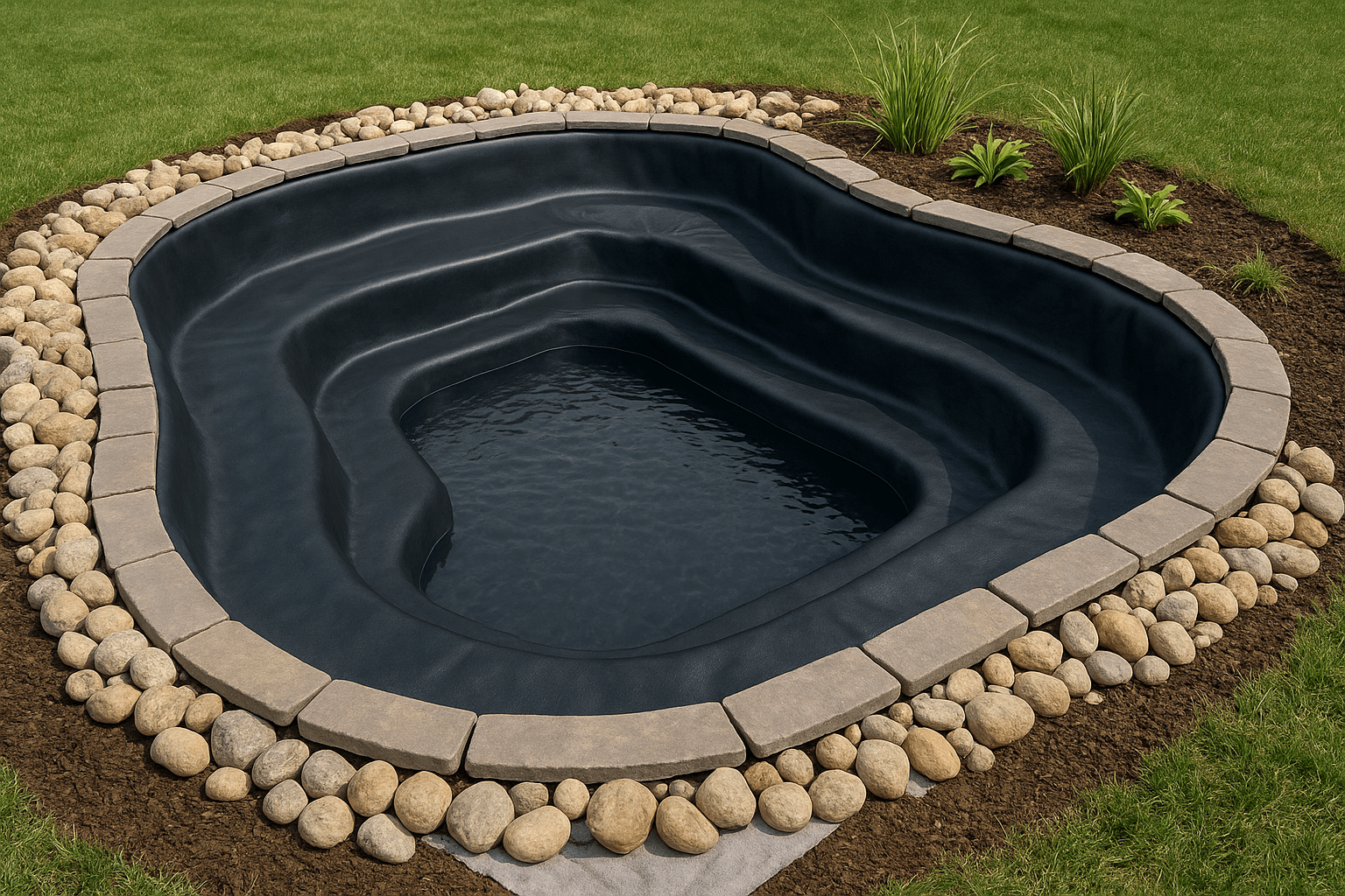 TotalPond 14 mil PVC liner installed in 10x13 pond with underlayment and rock edging