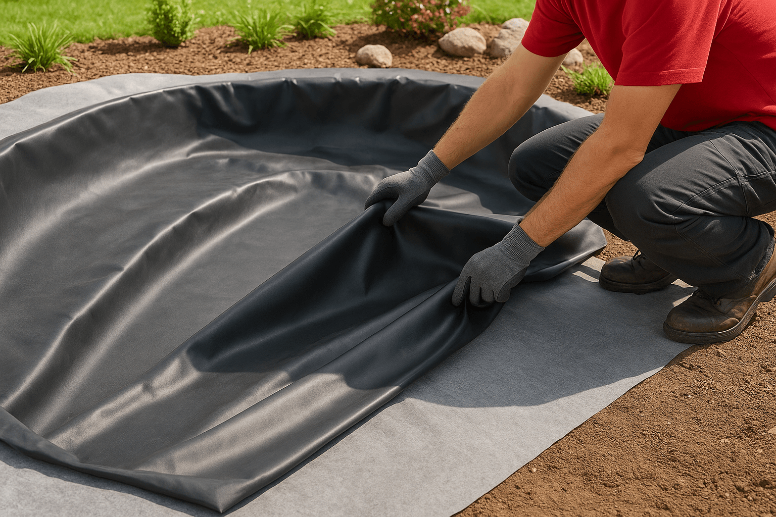 Installing Beckett PVC Pond Liner with underlayment in a backyard pond