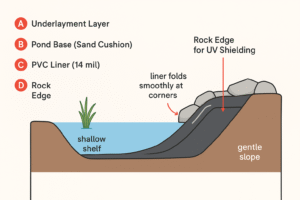 Labeled diagram of pond liner installation showing underlayment, liner folds, and rock-covered edges