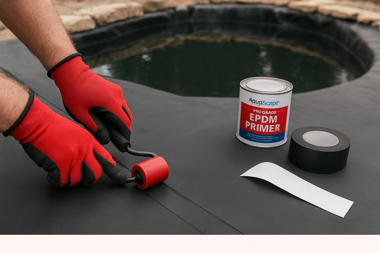 Installer demonstrating how to seam EPDM tape on AquaScape 45 mil pond liner using primer, seam roller, and adhesive tape at a real pond site